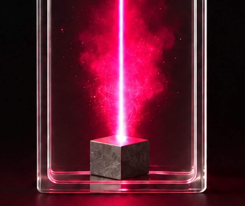 Illustration: laser beam ablating a metal cube immersed in liquid in a glass cuvette